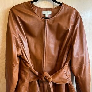 Women’s Plus-Size Ryegrass Brown Leather Zippered Self-Tie Jacket
